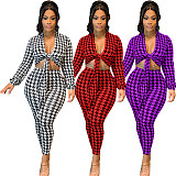 Houndstooth Print Bandage Crop Top Pants Set