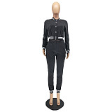 Solid Baseball Jacket Sporty Pants Set