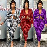 Houndstooth Print Bandage Crop Top Pants Set