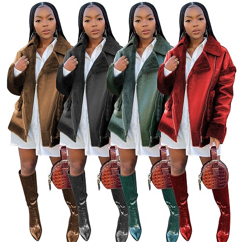 Lapel Long Sleeve Leather Cotton Coat