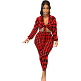 Houndstooth Print Bandage Crop Top Pants Set