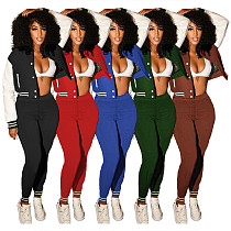 Patchwork Baseball Jacket Slim Pants Set
