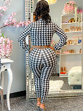 Houndstooth Print Bandage Crop Top Pants Set
