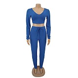 Solid V Neck Crop Top Lace Up Pants Set