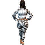 Houndstooth Print Bandage Crop Top Pants Set