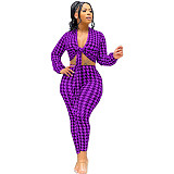 Houndstooth Print Bandage Crop Top Pants Set