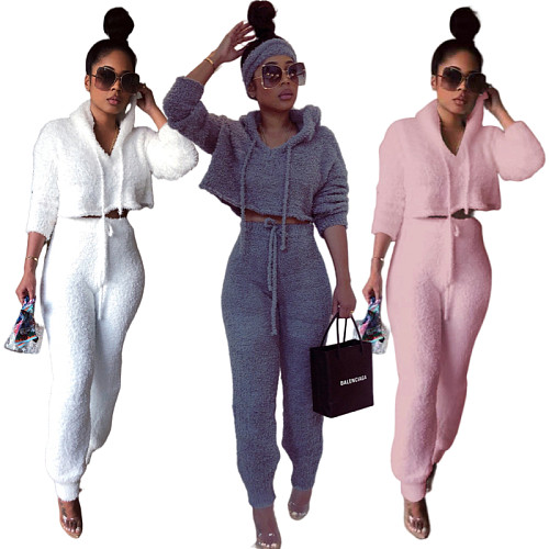 Solid Plush Hooded Crop Top 2 Piece Set