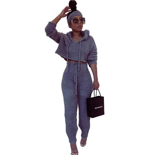 Solid Plush Hooded Crop Top 2 Piece Set