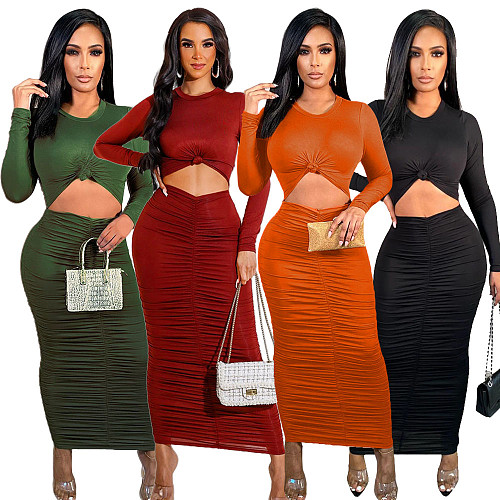 Long Sleeve Round Neck Pleated Bodycon Dress
