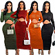 Long Sleeve Round Neck Pleated Bodycon Dress