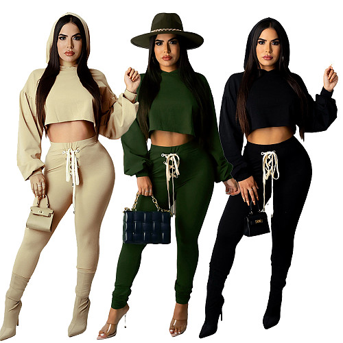 Drawstring Bandage Hooded Crop Top 2 Piece Set