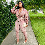 Printed Long Sleeve Shirt Tops Pencil Pants Set