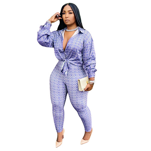 Printed Long Sleeve Shirt Tops Pencil Pants Set