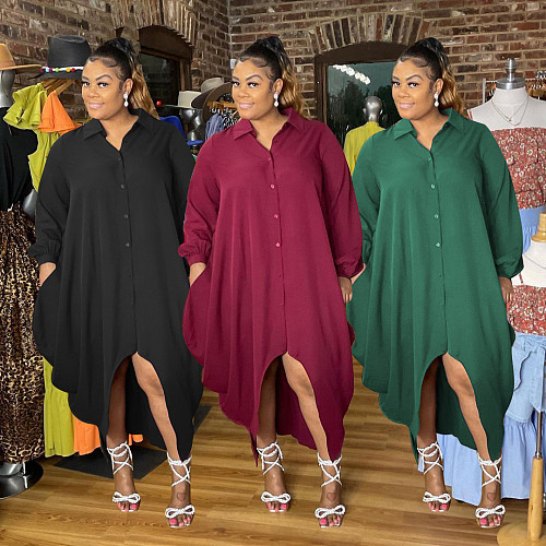 Solid Single-breasted Loose Irregular Shirt Dress