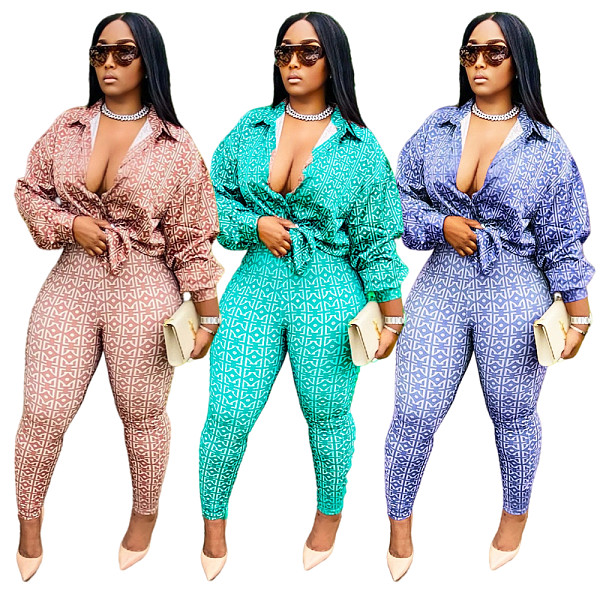 Printed Long Sleeve Shirt Tops Pencil Pants Set