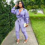 Printed Long Sleeve Shirt Tops Pencil Pants Set