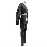 Drawstring Bandage Hooded Crop Top 2 Piece Set