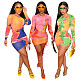 Tie Dye Print Long Sleeve O Neck Drawstring Dress