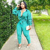 Printed Long Sleeve Shirt Tops Pencil Pants Set