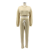 Drawstring Bandage Hooded Crop Top 2 Piece Set