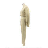 Drawstring Bandage Hooded Crop Top 2 Piece Set