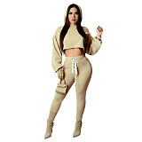 Drawstring Bandage Hooded Crop Top 2 Piece Set