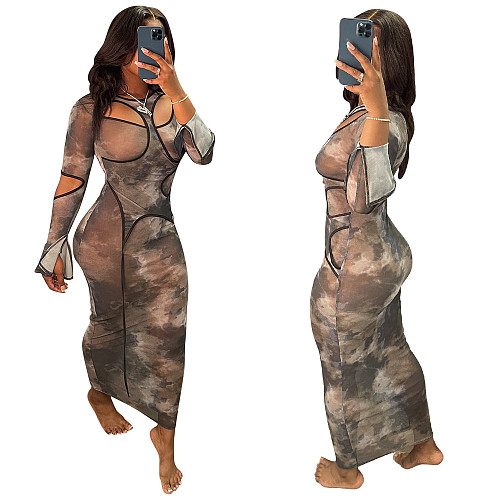 Hollow Out Mesh Tie Dye Print Flare Sleeve Dress