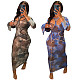 Hollow Out Mesh Tie Dye Print Flare Sleeve Dress