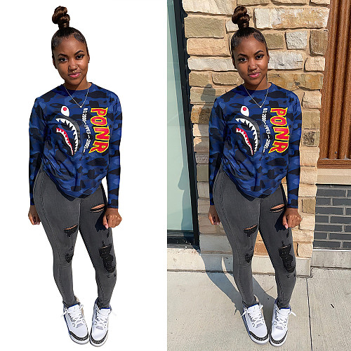 Camouflage Print O Neck Long Sleeve Shirt Top