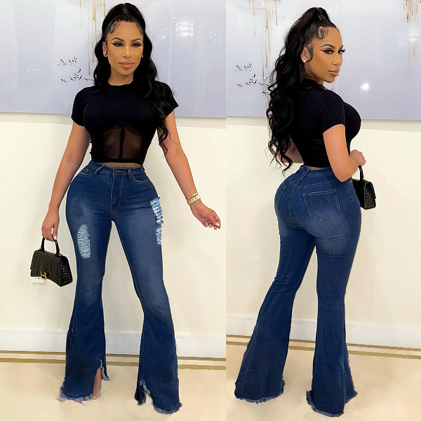 Fringed Ripped Hole Mid Waist Flared Jeans