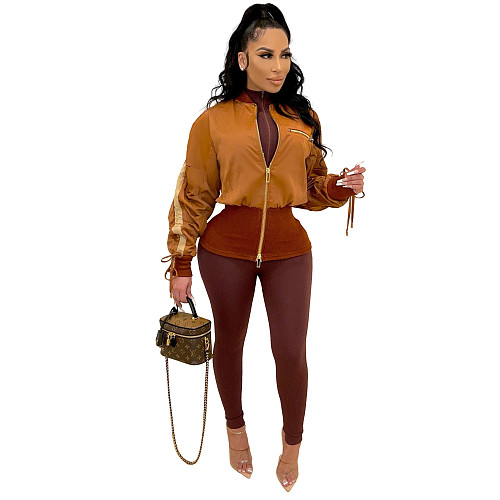 Patchwork Drawstring Bandage Waist Shape Jacket
