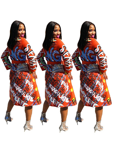 Print Long Sleeve Mid-length Trench Coat