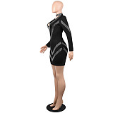 Hot Drilling Deep V Long Sleeve Club Dress