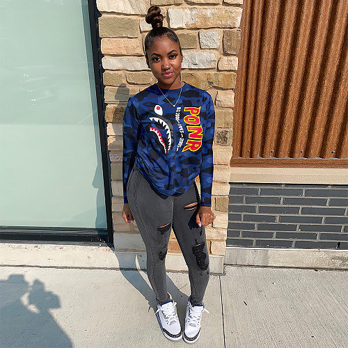 Camouflage Print O Neck Long Sleeve Shirt Top