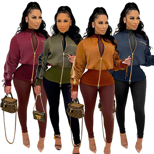 Patchwork Drawstring Bandage Waist Shape Jacket