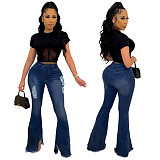 Fringed Ripped Hole Mid Waist Flared Jeans