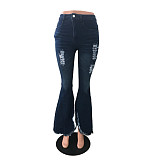 Fringed Ripped Hole Mid Waist Flared Jeans