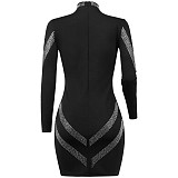 Hot Drilling Deep V Long Sleeve Club Dress