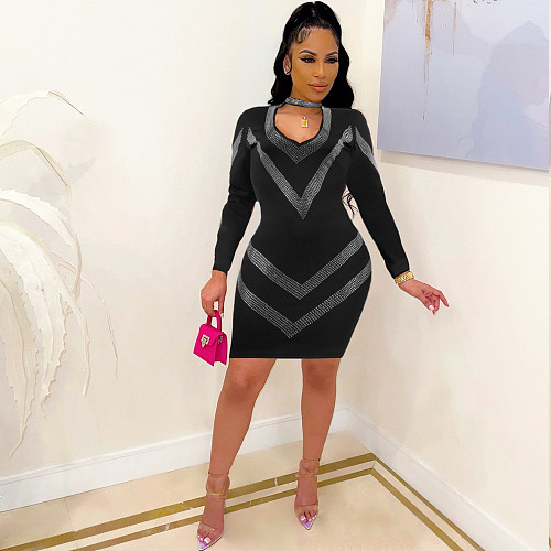 Hot Drilling Deep V Long Sleeve Club Dress