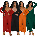 Long Cardigan Coat+Spaghetti Strap Jumpsuit Set