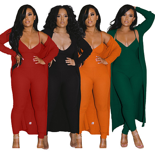 Long Cardigan Coat+Spaghetti Strap Jumpsuit Set