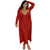 Long Cardigan Coat+Spaghetti Strap Jumpsuit Set