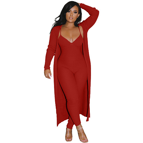 Long Cardigan Coat+Spaghetti Strap Jumpsuit Set