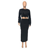 Lace Up Long Sleeve Crop Top 2 Piece Skirt Set