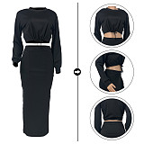 Lace Up Long Sleeve Crop Top 2 Piece Skirt Set
