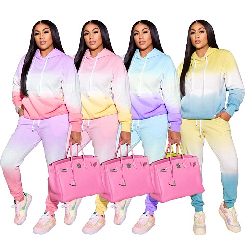 Gradient Printing Hooded Sweatshirt Pants Set