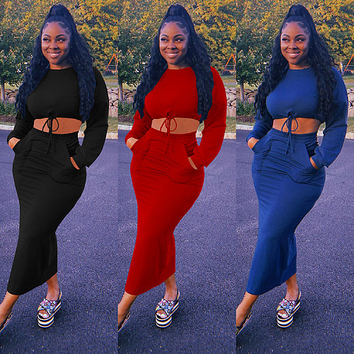 Lace Up Long Sleeve Crop Top 2 Piece Skirt Set