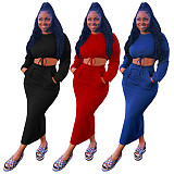 Lace Up Long Sleeve Crop Top 2 Piece Skirt Set