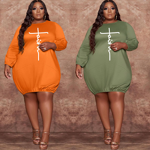 Plus Size Long Sleeve O Neck Loose Midi Dress