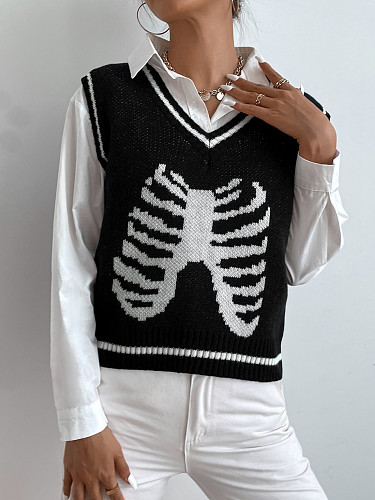 Halloween Skeleton Print Knitted Sweater Vest